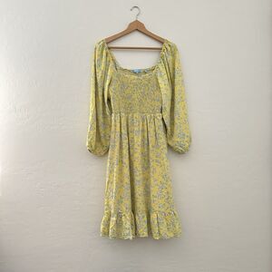 Draper James XXL Yellow Cottage Prairie Square Neck Balloon Sleeve Midi Dress